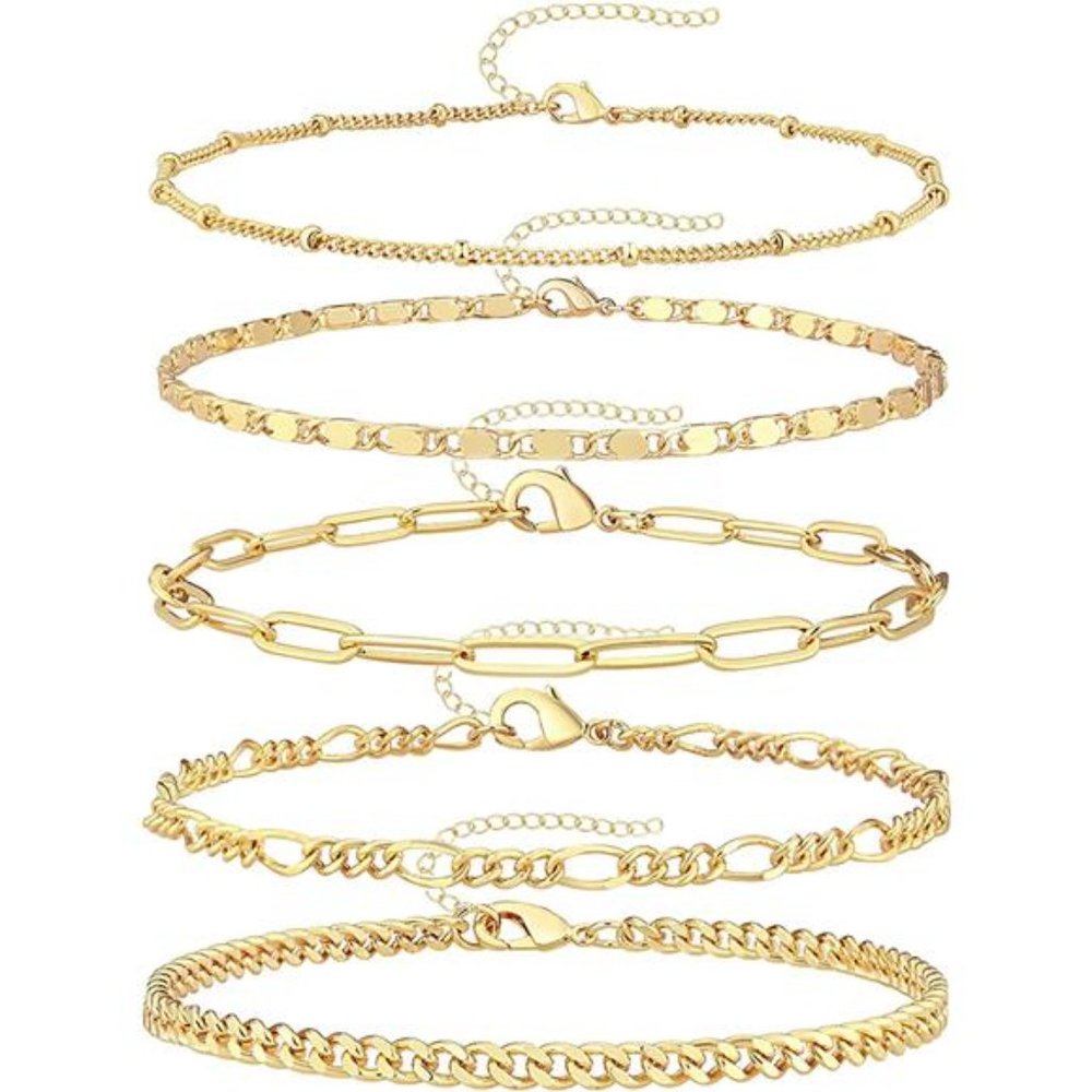 5 Pieces, Women14K Real Gold Plated Link Chain Bracelets